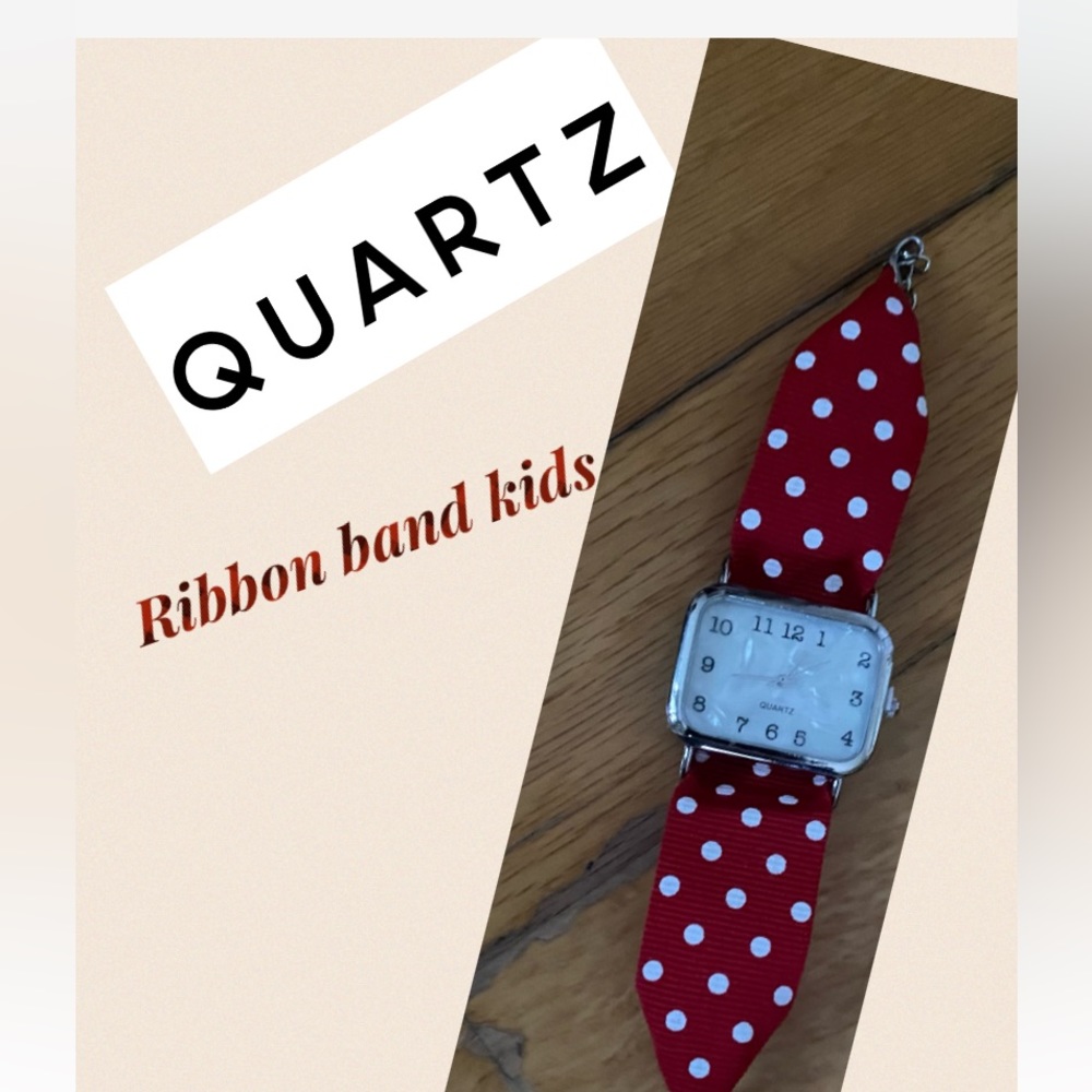 Kids Quartz watch with ribbon red/white with polka